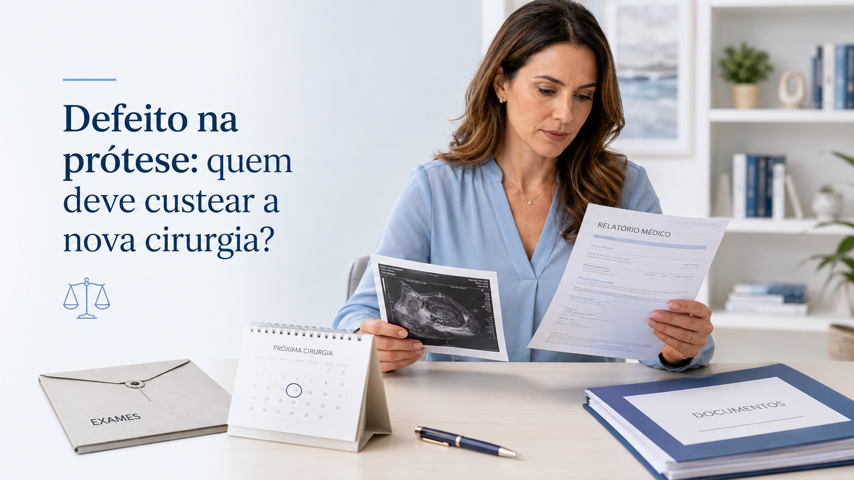 Mulher analisando com preocupação um relatório médico e exames de imagem sobre a mesa, ao lado de envelope de exames, calendário de cirurgia e documentos organizados.