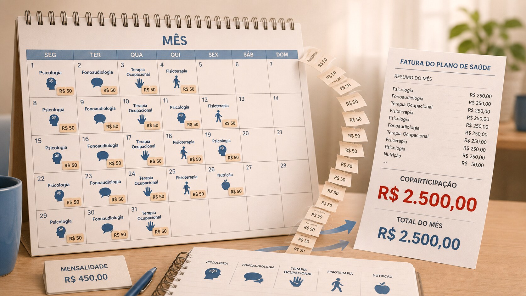 Calendário de terapias com várias sessões cobradas por coparticipação, acumulando em uma fatura alta do plano de saúde.