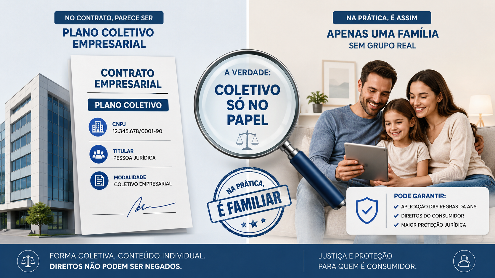 Comparação entre o contrato 'coletivo empresarial' com CNPJ e a realidade de uma única família, revelando que o plano é coletivo só no papel.