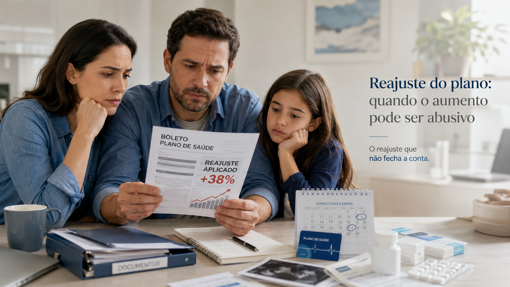 Família preocupada analisando o boleto do plano de saúde com reajuste de +38%, cercada por remédios, exames e calendário médico.