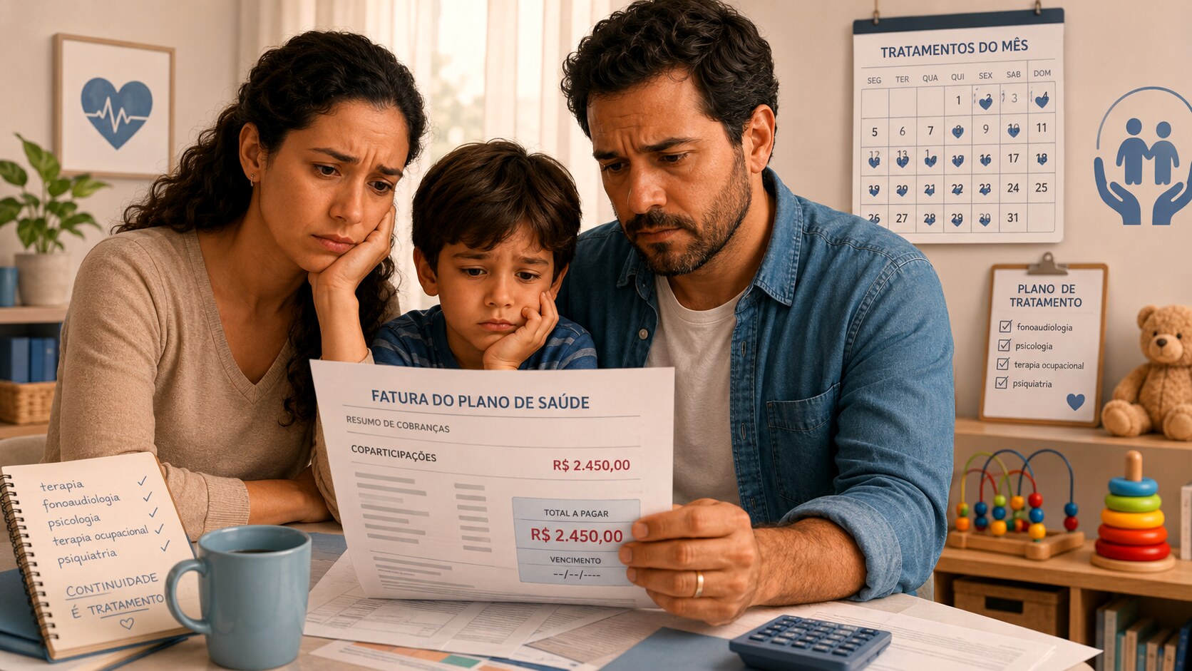Família preocupada analisando fatura alta de plano de saúde com custos de coparticipação para tratamento contínuo.
