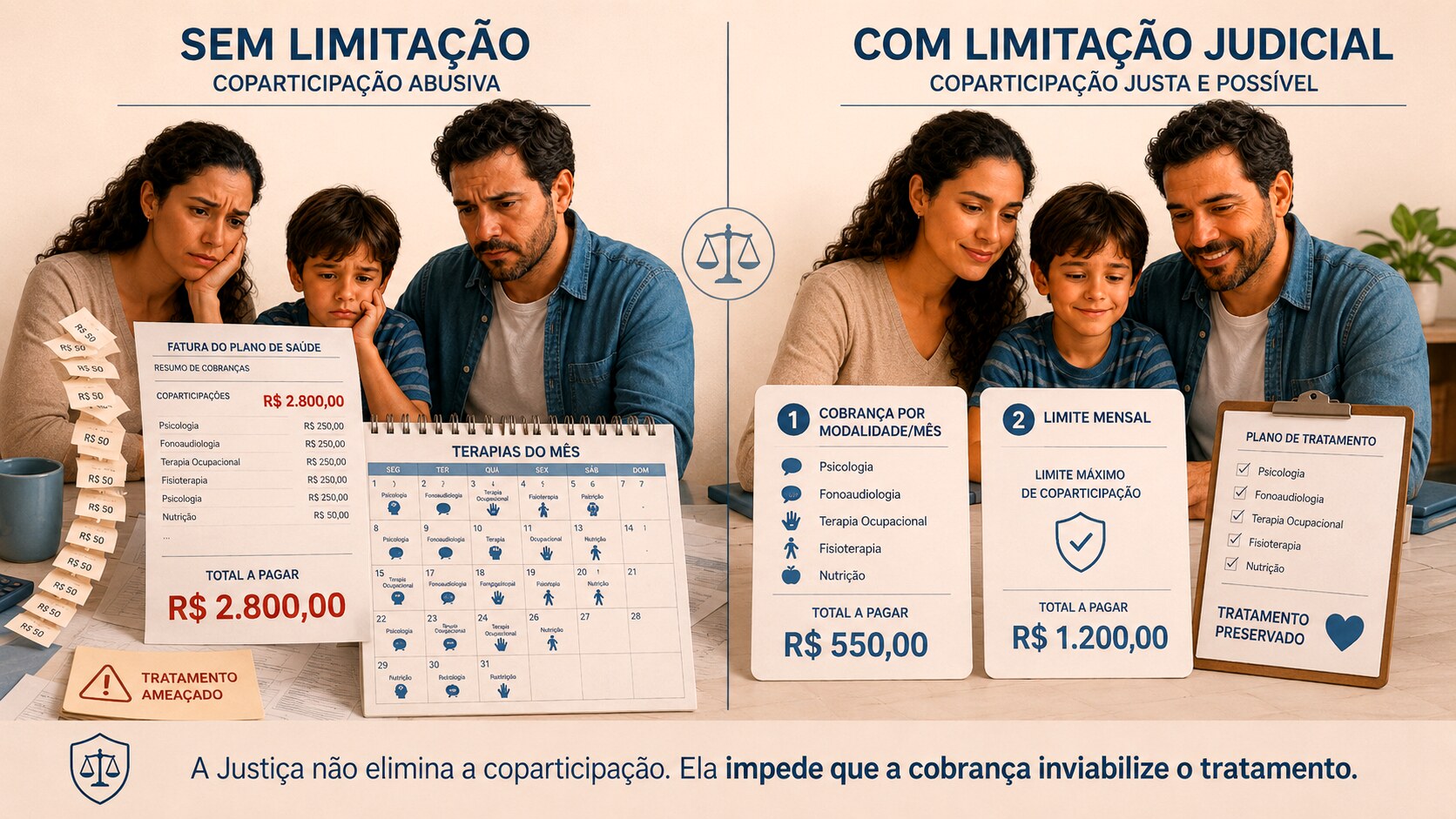 Comparativo entre coparticipação abusiva sem limitação e coparticipação limitada judicialmente, com tratamento preservado.