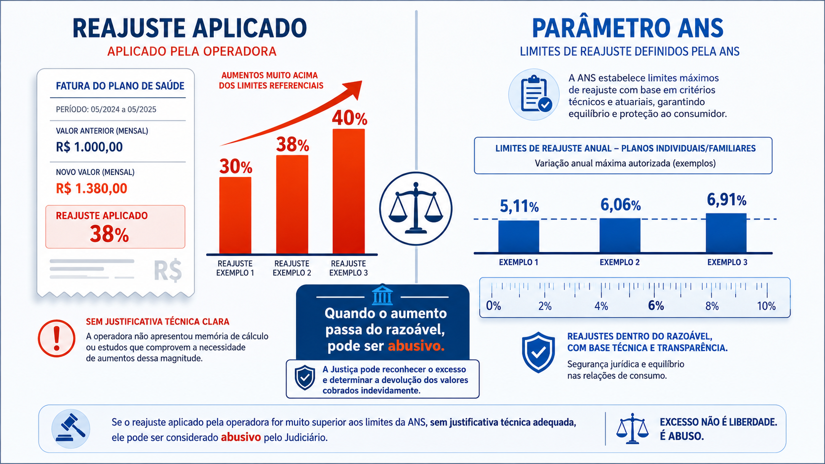 Gráfico comparando reajustes aplicados pela operadora (30%, 38%, 40%) com os tetos da ANS (5,11%, 6,06%, 6,91%), indicando quando o aumento pode ser abusivo.