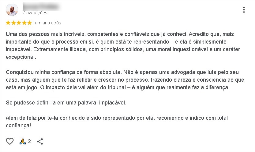 Avaliação de cliente 1 no Google